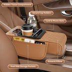5-in-1 Car Armrest Cushion, Multifunctional PVC Leather Center Console Armrest Pillow Elbow, Universal Arm Box Pad Cover with Cup Holder, Phone Slot, Tissue Box Slot & 2 Storage Bags, Grey