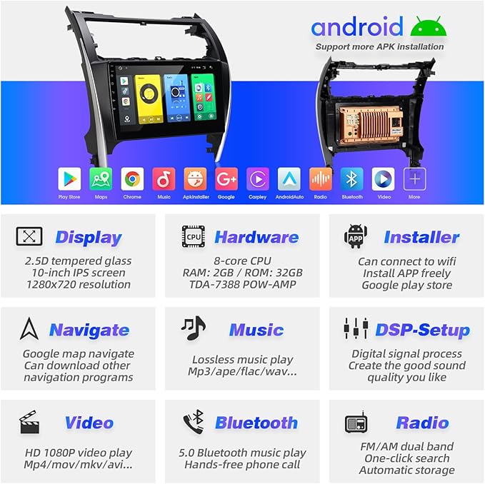 for Camry Android Radio Touch Screen Compatible with Carplay Android Auto,Car Stereo Bluetooth Navigation Media Player GPS WiFi FM/AM Rear Camera Head Unit for Toyota Camry 2012 2013 2014
