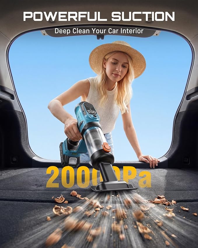 SEESII 2-IN-1 Tire Inflator & Car Vacuum with 2×2000mAh Batteries, 150PSI Rapid Portable Air Compressor, 20000Pa Suction, 21V Cordless Air Pump, Digital Gauge, LED Light for Car, Ball, Bike, Home