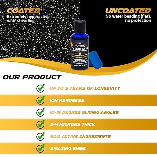Apex 5 Year Graphene Ceramic Coating 10H with 2 Applicators 50mL - Durable Car Paint Protection - Applies Easily - Hydrophobic Graphene Ceramic for Ultra Gloss - Great on Paint/Glass/Wheels