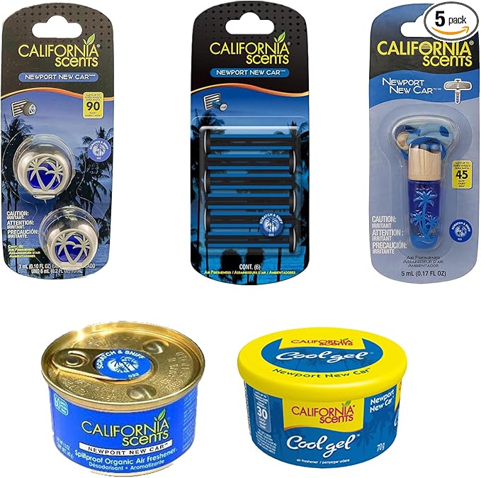 California Scents Combo Kit - Best Car Air Freshener Set with Hanging Vial, Cool Gel, Vent Sticks, Vent Clip, and Spillproof Technology - Odor Elimination, New Car Scent