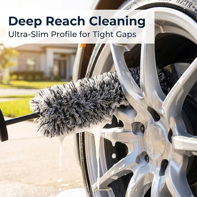 9PCS Professional Wheel Detailing Kit - Microfiber Flat Rim Brush w/Removable Cover, Boar Hair Detail Brush, Cleaning Pads, Towel & Storage Bag | Scratch-Free for All Vehicles