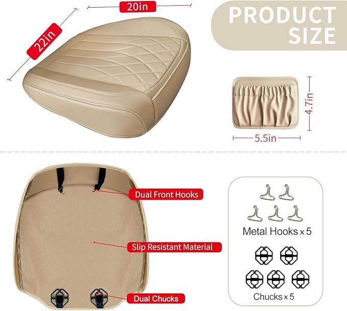 BEITK 2 Pack Leather Front Car Seat Cover Bottom Car Seat, Universal Anti-Slip Driver Car Seat Protectors with Storage Pocket, Waterproof Bottom Auto Seat Cushion Pad Mat for Most Vehicles(Beige)