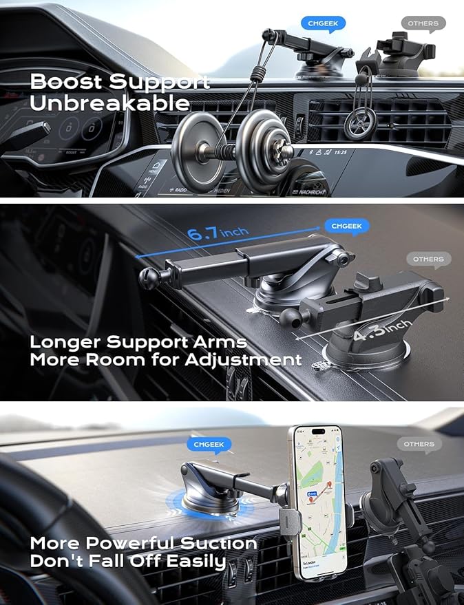 CHGeek Wireless Car Charger, 15W Fast Charging Auto Clamping Phone Holders Phone Mount fit for iPhone 17 16 15 14 13 12 Pro Max 11 XR XS, Samsung Galaxy S25 Ultra S24 S23, Black