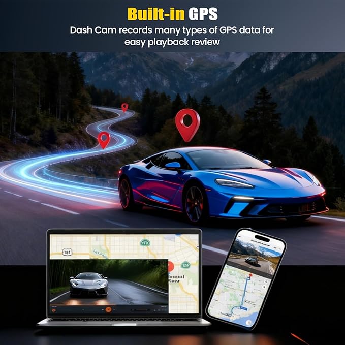 4K Dual Dash Cam Front and Rear, 4K+1080P FHD Car Camera,Dash Camera for Cars Car Camera with GPS WiFi App Control 150° Wide Angle Night Vision G-Sensor Loop Recording 24H Parking Monitoring