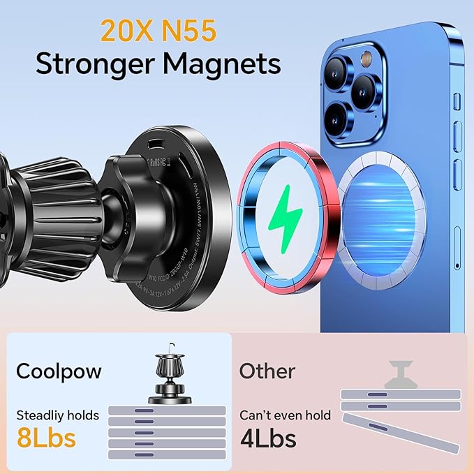 Coolpow for MagSafe Car Mount Charger【Ultra Magnet】 Magnetic Phone Holders for Your Car Charger【Windshield+Vent+Dash】 Magnetic Wireless Car Phone Holder Charger Car Mount for iPhone 17 (Carbon Fiber)