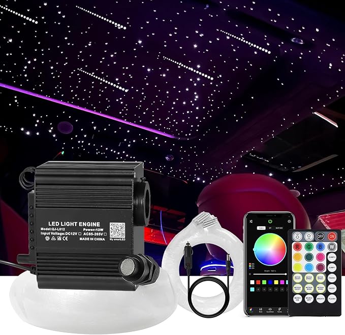 Starlight Headliner Kits for Car, Twinkle & Meteor 2-in-1 Light Engine, 200pcs 0.03in 9.8ft RGBW Fiber Optic Lights Star Ceiling Sky Decoration for Car/Home, White Shooting Stars 12W Starlight kit