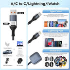 Travel Essentials 3in2 Multi Charging Cable for iPhone Watch Charger,USB A/C to Type C/IP/iWatch Charger, Charging Cords for Multiple Devices Compatible with iWatch Series&iPhone 17-12 6FT