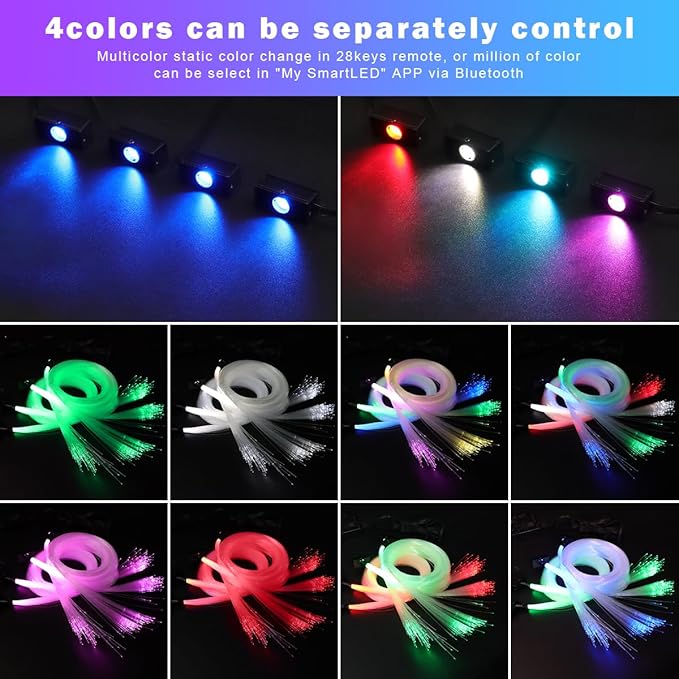 AZIMOM Split Starlight Headliner Kit 1000pcs 0.02in 6.5ft, 2026 Updated 4Color Fiber Optic Light Sound-Activated APP& Remote Control Starlight Engine End Glow Fiber Strands