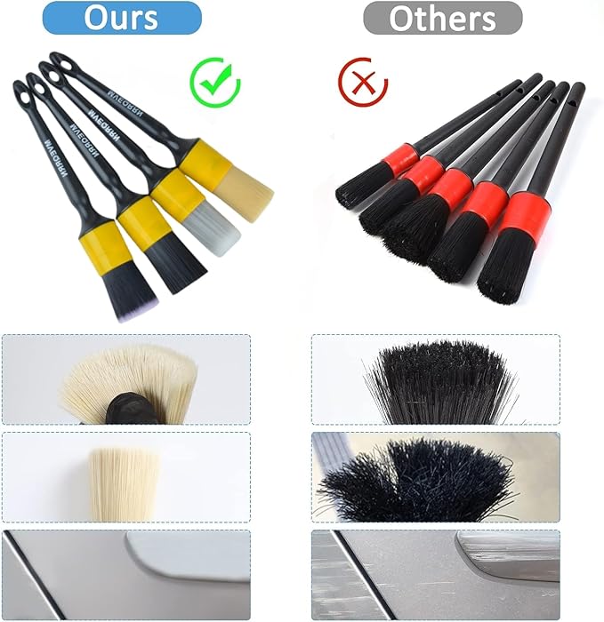 MVEQRRN 4pcs Car Detailing Brush Set, Boars Hair, Ultra Soft, No Scratch, Interior & Exterior, Includes 4 Different Brushes, Ergonomic Design, Multi-use for Vehicle, Bicycle, Motorcycle, Boat