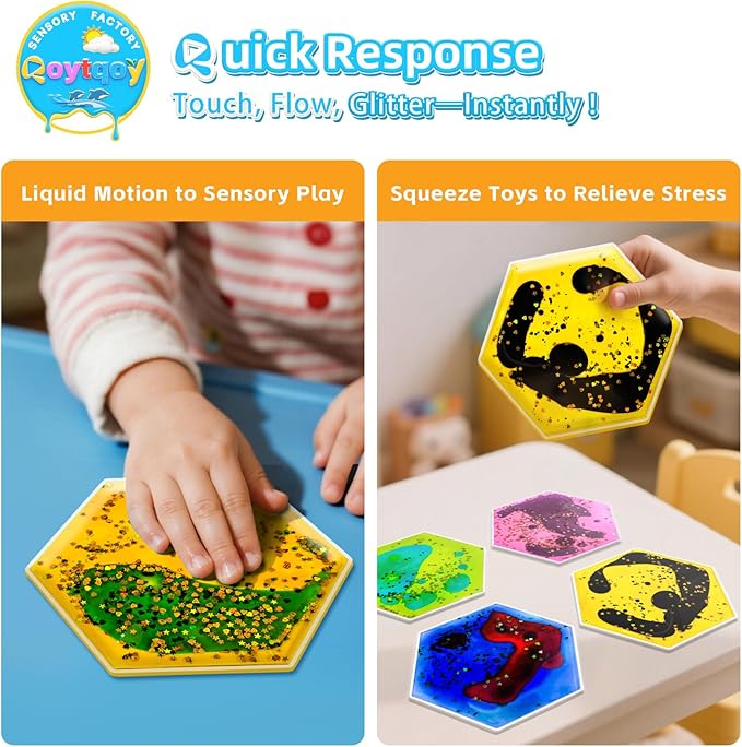 Squishy Liquid Sensory Gel Tiles 9 Packs - Hexagon Liquid Sensory Toys for Stress Relief & Fidget Fun, Washable Sensory Floor Tiles for Toddles 3+ Home, Classroom, Travel
