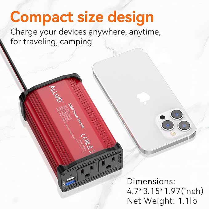 ALLWEI 300W Power Inverter DC 12V to 110V AC, Compact Car Plug Adapter Outlet with 65W PD USB-C &18W USB-A Fast Charging, Cigarette Lighter Adapter Car Charger for Phone, Laptop on Road Trip - Red