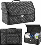 Leather Trunk Organizer with Lid for Suv and more, Foldable Car Organizer, Car Organizers and Storage with Pockets, Non-Slip Design (White-Black)
