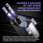 Multi Charge Pro iPhone Car Charger Fast Charging Retractable Car Charger USB C Auto Adapter, Powerful 120W 4-Port USB-C & USB-A and Lightning iPhone, Samsung, Tablets USBC Charger Block