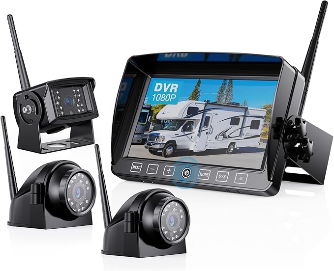 ZEROXCLUB Wireless Backup Camera with 7 Inch DVR Quad Split Monitor for RV Trailer Truck, Digital Signal HD 1080P Wireless Rear Side View 3 Cameras Back Up System w/Recording 18 IR Night Vision (B3C)