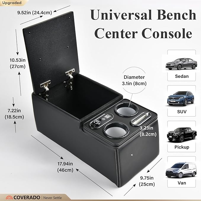 Coverado Car Center Console, Universal Rear Bench Seat Console, Back Seat Car Organizer, Automotive Center Console with Cup Holder & Phone Holder, Central Armrest Box (Update, Black)
