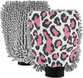 ALAZA Pink Leopard Print Cheetah Car Wash Mitt Scratch Free, 2 Pack Absorbent Microfiber/Chenille Washing & Drying Mitts, L