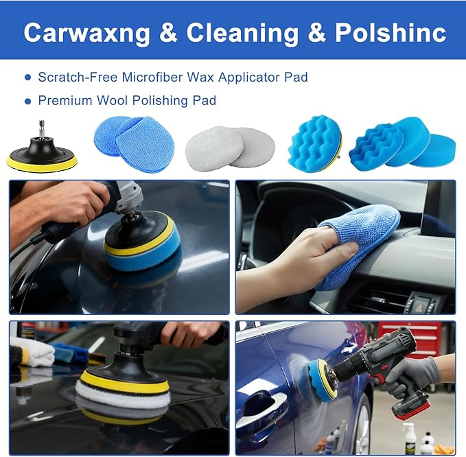 32-Piece Car Detailing Kit with Drill Brush Attachments & Polishing Pads – Professional Auto Detailing Brushes, Wheel & Tire Cleaning Tools with Storage Bag (Blue)