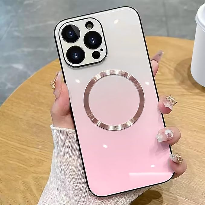 Guppy Compatible with iPhone 16 Pro Max Magnetic Case, Magnetic Gradient Case with Charging, Gradient Glass Back Cover with Lens Film-Pink