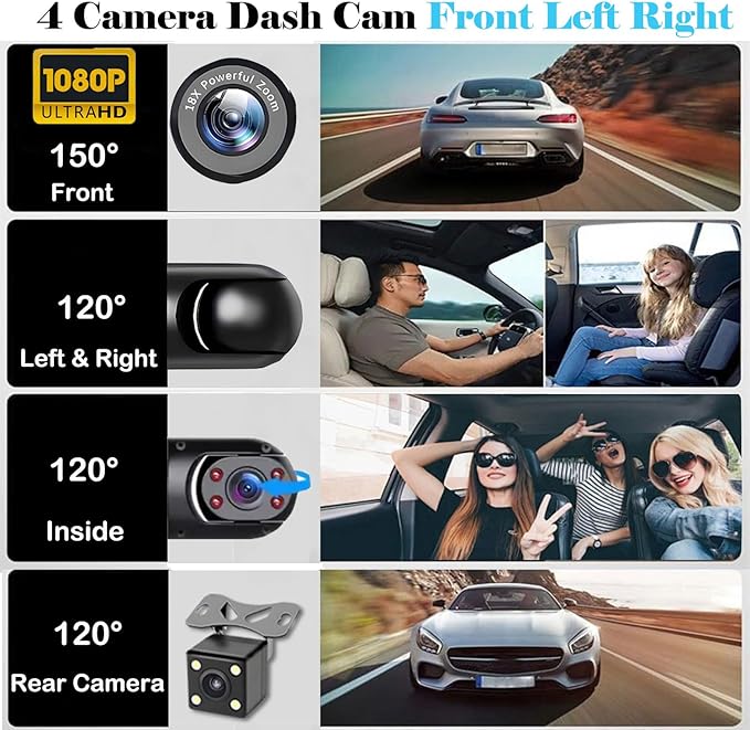 4 Channel Dash Cam 360° View, 1080P Front and Rear Inside, Left Right Dash Camera for Cars, Night Vision, WiFi & APP Control, G-Sensor, Loop Recording with 64GB SD Card (Y108WiFi+64G)