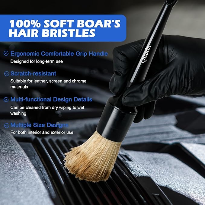 5PCS Car Detailing Brush,Boars Hair Detailing Brush Set, No Scratch,Ultra Soft for Interior and Exterior Car Cleaning, Dashboard, Leather Seat,Air Vents Wheels,Tires