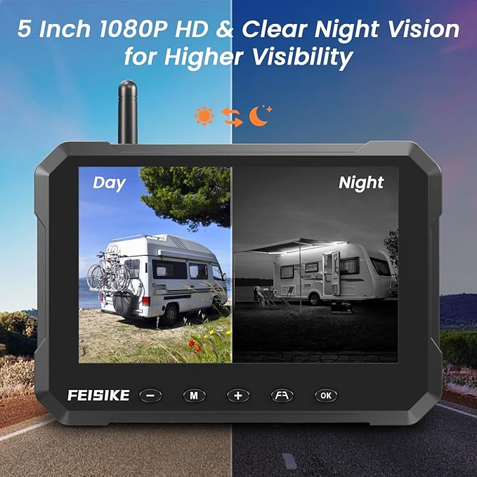 Magnetic Solar Wireless Backup Camera for Truck, 5 Inch No-Drill Installation RV Backup Camera, 1080P Rear View Camera 150° Wide Angle, 24hrs Battery Life, 2.4Hz Signal, Night Vision, RVs, Trailers