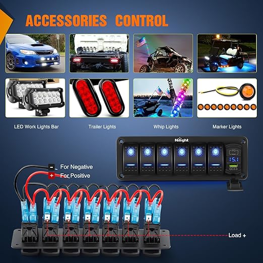 Nilight 6 Gang Rocker Switch Panel with PD Type C and USB Charger Voltmeter 12V SPST ON Off w/Blue Backlit Waterproof Aluminum Toggle Switches for Boats Cars RVs Trucks