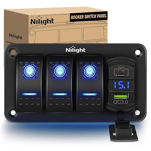 Nilight 3 Gang Rocker Switch Box 12V SPST ON Off PD Type C and QC 3.0 USB Charger Voltmeter Waterproof Aluminum Panel DIY Stickers for Boats Cars RVs Trucks