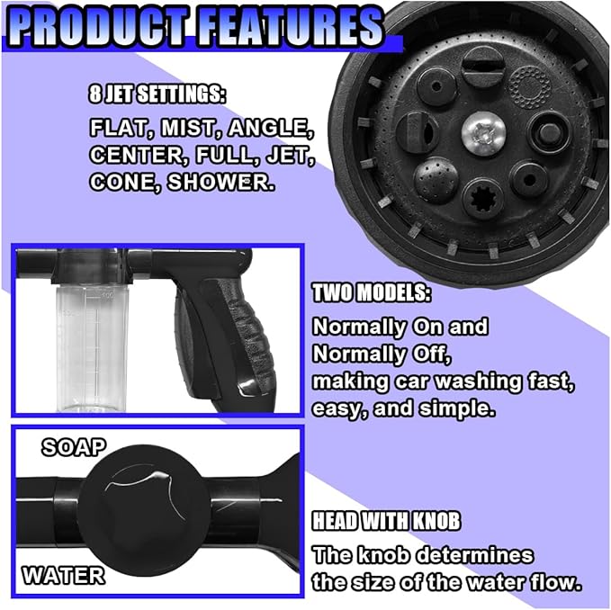 High Pressure Car Wash Foam Gun, 8 Way Spray Pattern Garden Hose Nozzle with 3.5oz/100cc Soap Dispenser, Adjustable Hose Spray Nozzle for Car Washing, Pet Shower, House Cleaning (Black)