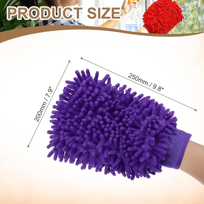 HARFINGTON Premium Chenille Microfiber Car Wash Mitts 9.8" x 7.9" Scratch Free Wash Gloves Absorbent Double Sided Plush Cleaning Drying Mitts for Car Washing Home Purple