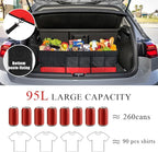 povtii Large Organizer for Car, 95L Stretchable Storage Trunk Organizer with Divided Compartments, Fixed Big Trunk Organizer with Handles & Adjustable Straps, Car Accessories (Black & Red)