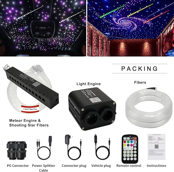 AZIMOM Dual Color 20w Twinkle Fiber Optic Starlight Headliner Kits 1200pcs 0.03in 13.1ft, RGB Meteor Shooting Star, Sound Activated Remote APP Control Home Car Ceiling Décor