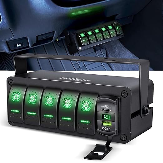 Nilight 5 Gang Rocker Switch Box 12V SPST ON Off Toggle Switches PD Type C and QC 3.0 USB Charger Voltmeter LED Light Waterproof Aluminum Mount Bracket Panel DIY Stickers for Boat Car RV Truck
