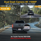 Fitcamx Front 4K+Rear 1080P Dash Cam Adapts for Toyota Tacoma & Hybrid 2024-2026, Integrated OEM Look, 2 Way HD Video, WiFi & APP, Loop Recording, G-Sensor, Night Vision, Easy to Use, 128GB Card