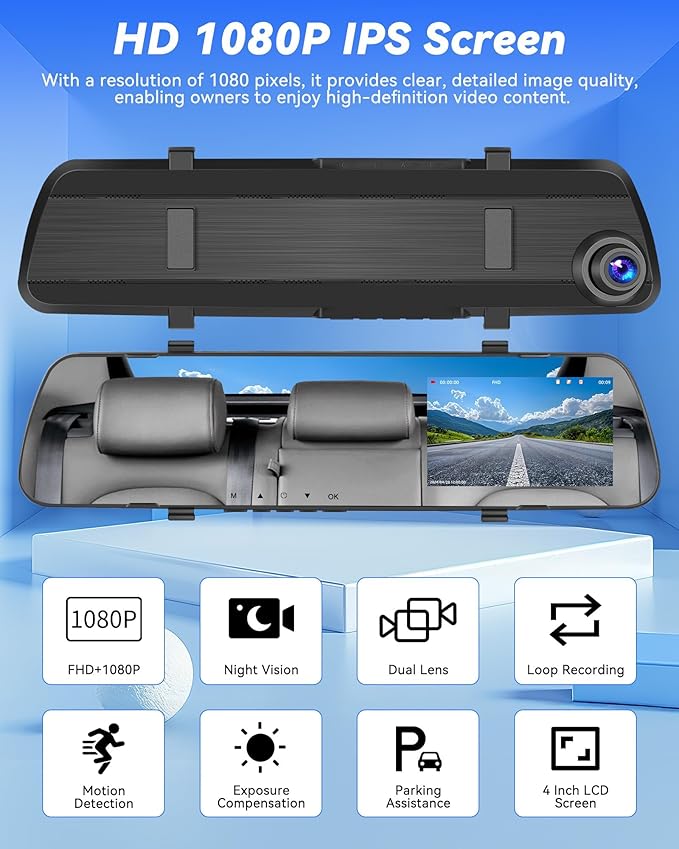 4 inch Mirror Dash Cam,1080P Rear View Mirror Camera for Cars,Dual Dash Cameras Front and Rear HD Night Vision,24H Parking Monitoring,Loop Recording, Motion Detection,Reversing Assistance,32GB TF Card