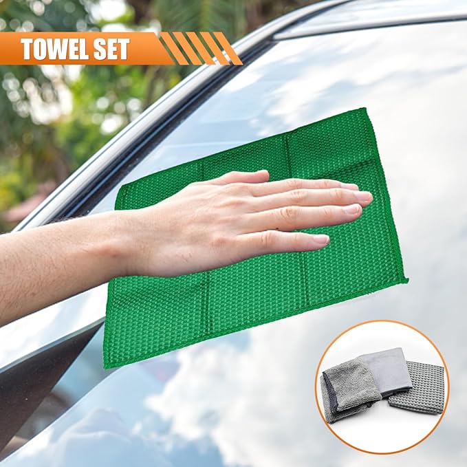 Craedli 9PCS Car Wash Detailing Tool Kit, Car Wash Mitt, Microfiber Cloths, Cleaning Sponge, Wheel Brush, Wax Applicator Pad, Universal Auto Interior & Exterior Cleaning Supplies (Green)