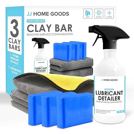 JJ Care Clay Bar Kit - Includes 3 Car Clay Bars for Auto Detailing (3x100g) + 16.9 fl. oz Clay Bar Lubricant + 2 Microfiber Cloths for Scratch-Free Finishing, Essential Clay Bar Kit for Car Detailing