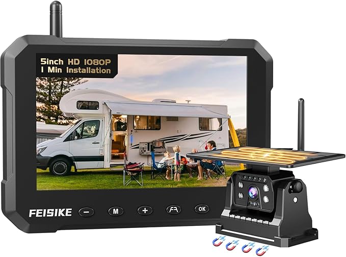 Magnetic Solar Wireless Backup Camera for Truck, 5 Inch No-Drill Installation RV Backup Camera, 1080P Rear View Camera 150° Wide Angle, 24hrs Battery Life, 2.4Hz Signal, Night Vision, RVs, Trailers