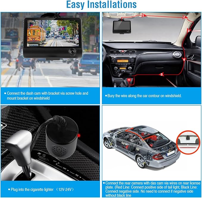 3 Channel Dash Cam Front Rear Inside, 4 inch Screen Dash Camera for Cars, 1296P Full HD Dash Cam Dual Lens Car Dash Camera with Loop Recording, Wide Angle