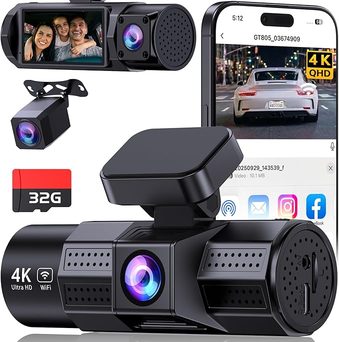 4K 3 Channel Dash Cam Front and Rear Inside, Dash Camera for Cars WDR Night Vision, 2 Inch IPS Screen WiFi App Control, 24H Parking Mode G-Sensor 32GB SD Card Included Support 256 GB Max
