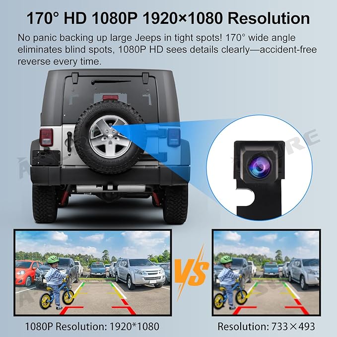 ASURE Spare Tire Backup Camera for Jeep Wrangler JK 2007-2017, Jeep JK Backup Camera Kit,1080P HD Starlight Rear View Camera, PAL NTSC AHD CVBS Switch, 170° Wide Angle with 26FT Cable, IP68 Waterproof