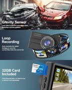 Dash Cam Front and Rear, 1080P Dual Dash Camera for Cars with 32G SD Card, 24 Hours Parking Monitor, Night Vision, Loop Recording, G-Sensor, 3'' IPS Screen, 170°Wide Angle