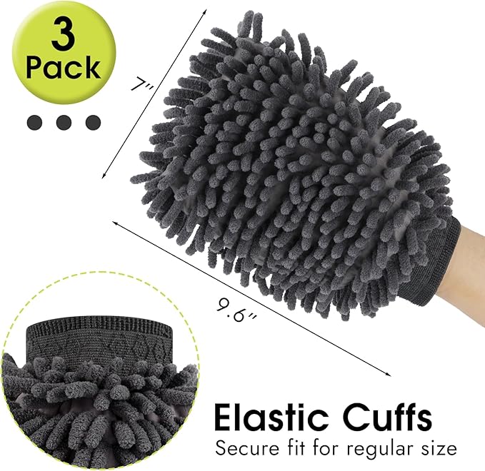 3 Pack Chenille Microfiber Car Wash Mitt, 7" x 9.6" Car Washing Mitts, Home Dusting Gloves, Scratch Free Lint-Free, Highly Absorbent, Double Sided, for Cleaning Detailing Polish (Grey)