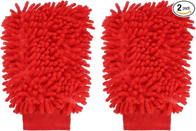 HARFINGTON 2pcs Chenille Microfiber Car Wash Mitts 9.8" x 7.9" Scratch Free Wash Gloves Absorbent Double Sided Plush Cleaning Drying Mitts for Car Washing Home Red