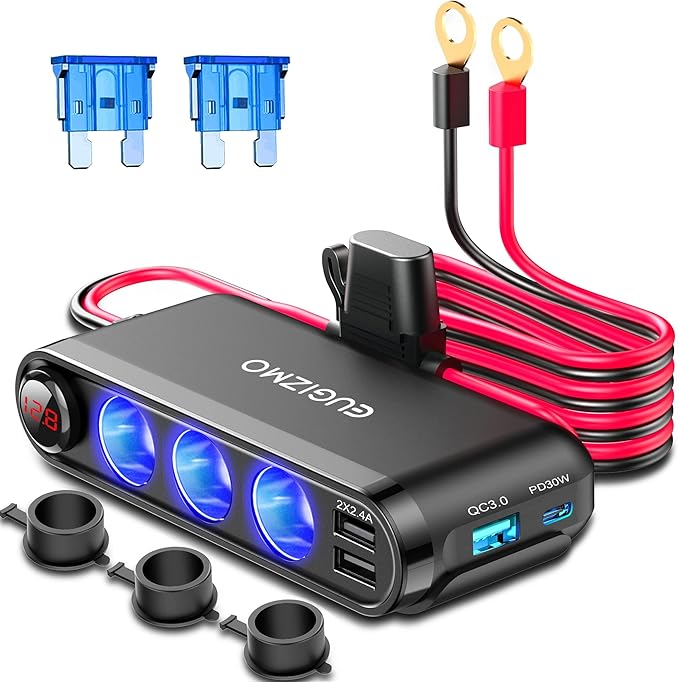 EUGIZMO 12V Cigarette Lighter Socket Splitter, 200W 3 Socket Multi Port Car Cigarette Lighter Adapter Plug Splitter USB Charger Auxiliary 12 Volt Power Outlet with Eyelet Terminal