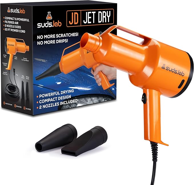 Suds Lab JD Jet Dry Car Drying Blower with 2 Nozzles & 20 ft Power Cord – 1.5 HP Powerful & Compact Car Dryer Air Blower for Removing Water, Dust & Debris