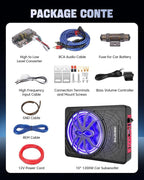 10" 1200W Slim Under Seat Powered Car Subwoofer Hideaway Subwoofer with Complete Mounting Wire Kit, Car Truck Audio Subwoofer Built in Amplifier Sub Amp Combo, with Blue LED Ambient Light
