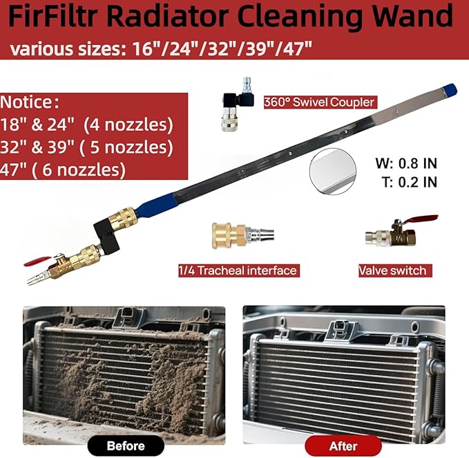 24" Radiator Cleaning Wand,Water and Air Dual-Use Cleaner Wand 4500 PSI Pressure Washer Tool for Car Radiator Flush and Washable Air Filter with 360° Swivel Quick Coupler,Switch and Fitting