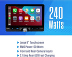 Jensen J1CA8FL 8-inch Certified Apple CarPlay Android Auto Wired or Wireless | Single DIN and Double DIN Touchscreen Car Stereo Radio | Bluetooth | Front and Rear Camera Inputs | USB Playback & Charge