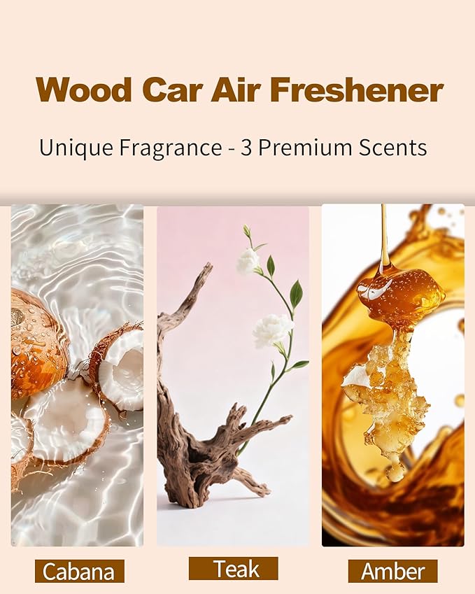 Car Air Freshener-The Original Wood Air Freshener for Visor Clip - Long Lasting Car Odor Eliminator and Scent Diffuser for Cabin, Truck & SUV-2 Metal Clips-Variety 3 Pack(Teak-Amber-Cabana)